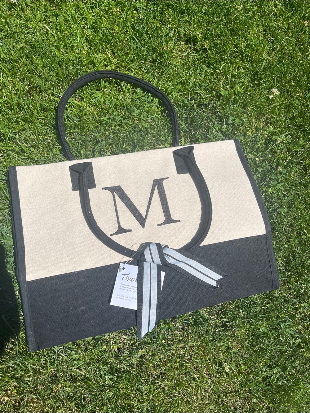 Monogram M Canvas Tote Bag in Black and Cream